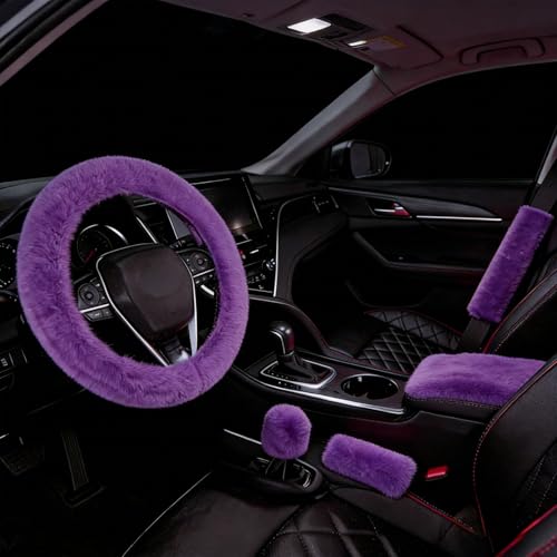 1 Set 6 Pcs Fluffy Car Steering Wheel Cover & Seat Belt Shoulder Pads & Handbrake Cover & Gear Shift Cover Set & Seat Belt Shoulder Pads Faux Wool Universal Fit Car Interior Accessories (Purple) - color: Purple