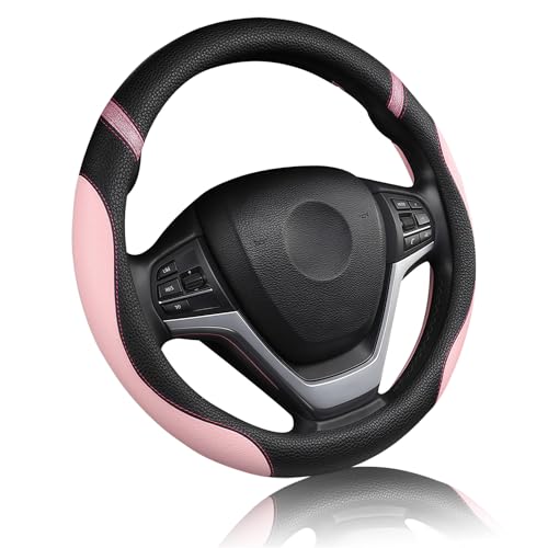 Cxtiy Pickup Truck Steering Wheel Cover – Sproty Fahsion Premium Leather Universal Non-Slip Steering Wheel Grip Set for Women Gril 15.5-16 Inch (Pink) - color: Pink