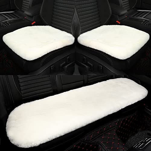 IRIWOOL Genuine Sheepskin Auto Seat Pad, Soft Wool Seat Cover Breathable and Sweat-Wicking Universal Fit,19.2 inch x19.2 inch (Front seat Cushion 2pcs & Rear seat Cushion 1pc, Ivory White) - color: Ivory White, size: 3 Piece Set