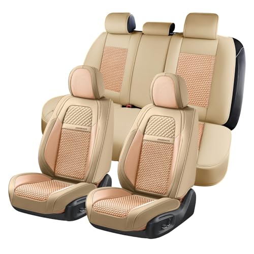 Coverado Car Seat Covers Full Set, Nappa Leather Beige Seat Covers for Cars, Waterproof Car Seat Protector, Front and Back Seats Universal Fit for Most Vehicles - color: Beige, size: FullSet