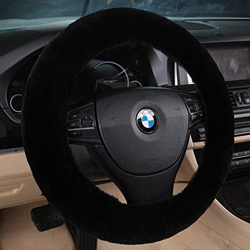 Fluffy Wool Sheepskin Fuzzy Black Car Steering Wheel Cover for Universal Auto Steering Wheel 14 1/2-15 1/2inch, Anti-Slip, Soft Plush, Comforting and Luxurious, Soft Texture (Black) - color: Black