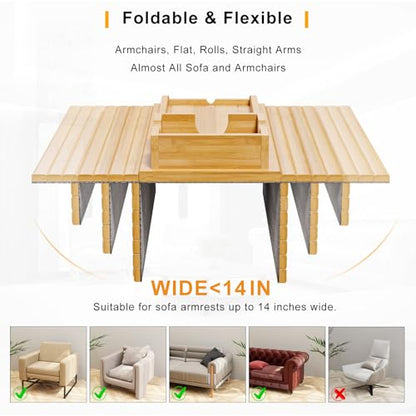Bamboo Sofa Armrest Tray - Couch Arm Tray with Detachable Couch Cup Holder - 2 in 1 Anti-Slip Foldable Sofa Armchair Caddy Table for Drinks Cellphone TV Remote Snacks - color: Bamboo, size: 16.3" x 13.3" x 2"