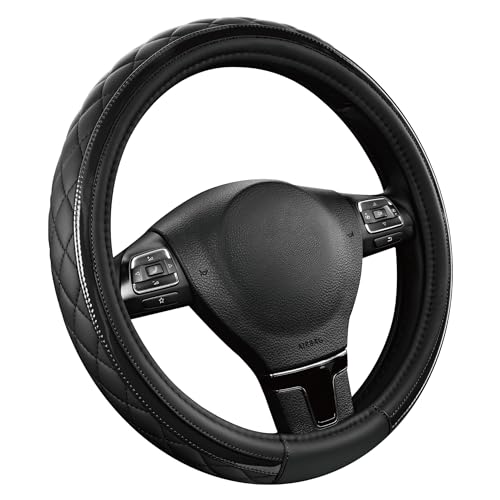 Road Comforts Leather Steering Wheel Cover – Black & Black, Universal Fit 14.5-15 Inch, Microfiber Leather, Anti-Slip & Breathable Design for Men and Women - color: Black