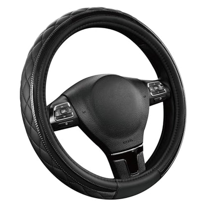 Road Comforts Leather Steering Wheel Cover – Black & Black, Universal Fit 14.5-15 Inch, Microfiber Leather, Anti-Slip & Breathable Design for Men and Women - color: Black