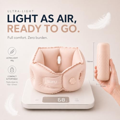 SUFU Ultra-Light Travel Neck Pillow - 68g Lighter Than Phone, 360° Neck Support, Adjustable Softness, 2-in-1 Inflation & Storage, Ideal for Airplane/Business Travel,Pink