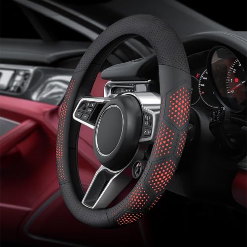 Leather Steering Wheel Cover for Chevy Silverado 1500 2500 3500, 14.5-15 inches Car Steering Wheel Cover with Non-Slip Breathable (Red) - color: Red