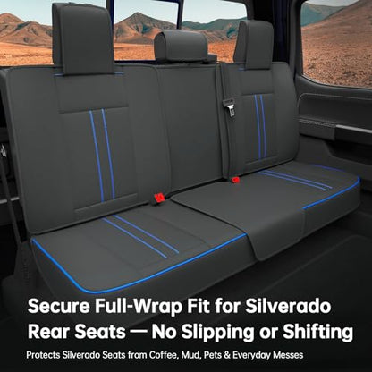 W&PMAX Custom-Fit Blue Seat Covers Full Set for Chevy Silverado & GMC Sierra 2007–2026, Fit 1500/2500/3500HD Crew/Double/Extended Cab, Waterproof Leather Truck Seat Protectors