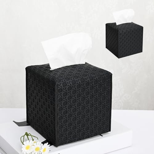 HOMOTEK 2 Pack Tissue Box Cover, Square PU Leather Tissue Holder, Decorative Facial Tissue Cube Paper Organizer Dispenser for Bathroom, Night Stands, Desk, Car 5X5X5'' - Rattan Weave,Dark Black - color: Matte Black, size: Rattan Weave