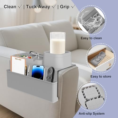 Couch Cup Holder Tray - Large Silicone Couch Arm Tray with Couch Arm Cup Holder, Side Pockets, Sofa Armrest Tray, Recliner Arm Caddy, Remote Holder for Couch, Slate Gray - color: Slate Gray