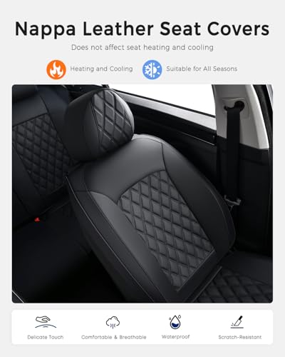 Huidasource Front Seat Covers, Car Seat Covers Front Seats Nappa Leather, Side Elastic Fabric, Compatible with Airbags, Seat Belts, Universal Fit for Most Cars, Vans, Trucks, SUV (Front Pair/Black)
