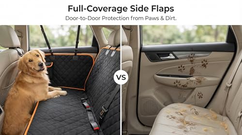 Dog Car Seat Cover with Side Flaps - TG2038 600D Heavy Duty Waterproof Hammock - Scratch-Proof Nonslip Pet Back Seat Protector for Cars, Trucks, SUVs, Black/Orange