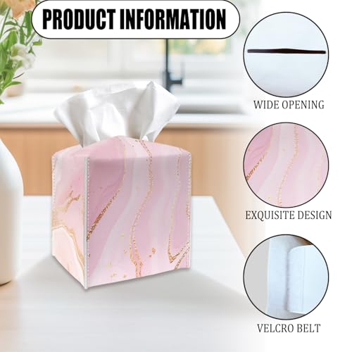 Tissue Box Cover Holder - Pink Gold Marble PU Leather Tissue Box Cover with Bottom Belt, Stylish Square Facial Paper Dispenser for Tabletop, Bathroom, Kitchen, Car & Office -036 - color: Pink Gold Marble