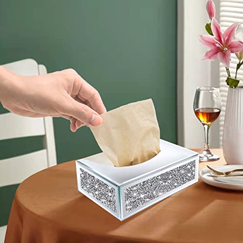 Wocred Rectangular Mirrored Tissue Box Cover,Crystal Crushed Diamond Tissue Box,Silver Luxury Tissue Holders for Either Tissues in a Bathroom or Napkins on a Table.(10”x5.7”x4”) - color: Silver