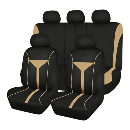 Osilly Car Seat Cover Full Set, Soft Breathable Sporty Vehicle Interior Seat Protector, Comfortable Automotive Front and Rear Split Bench Cover, Universal Fit (Beige/Black) - color: Beige/Black