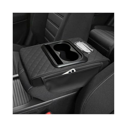 Car Center Console Armrest Pillow, 5-in-1 Armrest Cushion w/ 2 Side Bags, Tissue Box Slot, Cup & Phone Holder, Leather Auto Arm Rest Cover Storage Organizer (Black, Embroidered)