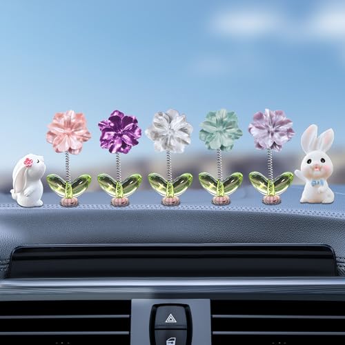 7pcs Cute Car Rearview Mirror Accessories, Funny Bunny Car Ornament, Shaking Spring Colorful Flower Car Dashboard Decoration, Camellia Car Interior Decor Festival Car Present for Men Women