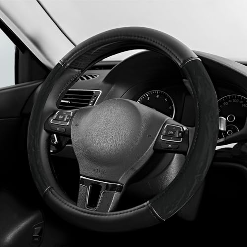 PIC AUTO Steering Wheel Cover, Silk Grain Leather Car Steering Wheel Protector, Comfortable Grip, Universal 14.5-15.5 Inch Anti-Slip Steering Wheels Accessories for Men & Women (Black) - color: Black