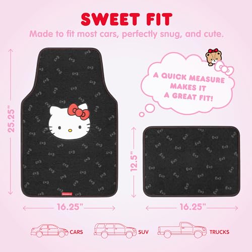 Hello Kitty Carpet Car Floor Mats - Universal Fit for Cars, SUVs & Trucks - Black with Red Bow & Hello Kitty Print - Front & Rear Set, 4 Piece Car Accessories
