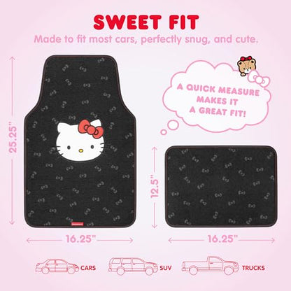Hello Kitty Carpet Car Floor Mats - Universal Fit for Cars, SUVs & Trucks - Black with Red Bow & Hello Kitty Print - Front & Rear Set, 4 Piece Car Accessories