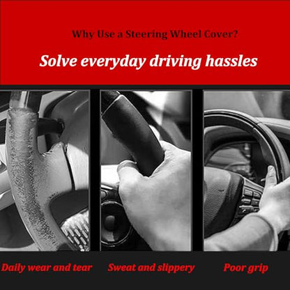 Black Genuine Leather Car Steering Wheel Cover Men Women,Cowhide Wheel Cover,Soft,Breathable,Anti-Slip,Luxury Steering Wheel Cover,Universal Standard Size 14.5-15 inch(M)
