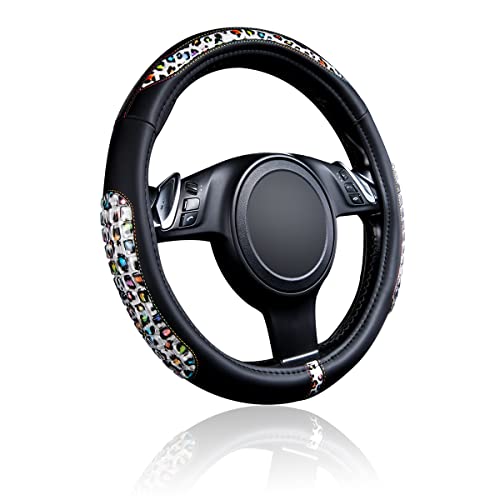 Flying Banner car Steering Wheel Cover Gel Massage Velvet Cool Warm Universal Size 15 inches SUV Truck Anti Slip Odorless Summer Winter (Black Leopard, Gel Massage) - color: Black Leopard