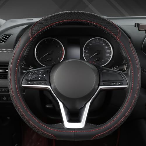 Customized Auto Car Steering Wheel Cover for Nissan,D Shaped Steering Wheel Cover for Rogue,Altima,Kicks (D-Shaped-Black+Red Line)