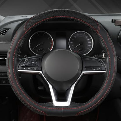 Customized Auto Car Steering Wheel Cover for Nissan,D Shaped Steering Wheel Cover for Rogue,Altima,Kicks (D-Shaped-Black+Red Line)