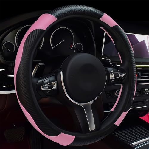 Leather Car Steering Wheel Cover, 15 Inch Anti-Slip Carbon Fiber Black Steering Wheel Cover, Universal Car Interior Accessories for Trucks Sedans SUVs (Black & Pink) - color: Black & Pink