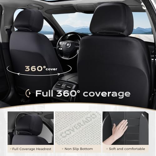 Coverado Front Seat Leather Covers, Full Leather Construction with Carbon Fibre Weave, Universal Fit for Most Cars SUV Trucks (Black) - color: Black, size: Front