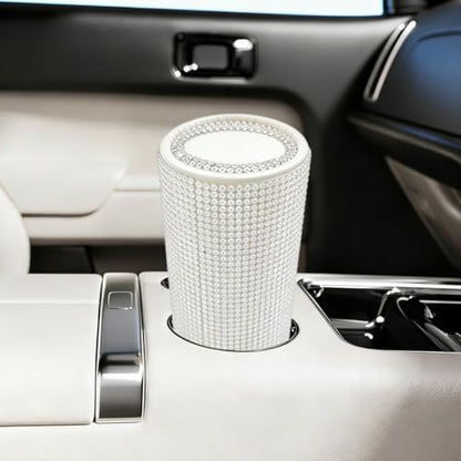 Craedli Bling Car Tissue Holder for Cup Holder, Sparkly Crystal Rhinestone Round Cylinder Car Tissue Box, Refillable Tissues Dispenser Auto Interior Paper Napkin Container with 1 Pack Tissues (White) - color: White