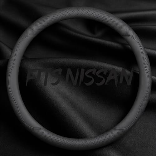 Leather Car Steering Wheel Cover, Breathable Laser-Perforated, Pure Black Double Lines, Rich Texture, 14.5-15 Inch for Nissan