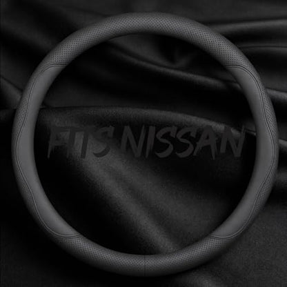 Leather Car Steering Wheel Cover, Breathable Laser-Perforated, Pure Black Double Lines, Rich Texture, 14.5-15 Inch for Nissan