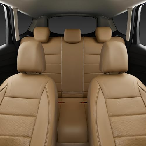 CAR PASS Piping Leather Seat Cover,Universal FIT with Composite Sponge Inside,Airbag Compatible and Reserved Opening Holes,Inside zipper for Cars,Sedan,SUV,Truck(Full Set,Beige with Tan Piping-Stripe) - color: Beige with Tan Piping-Stripe