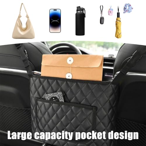 Car Handbag Holder Between Seats, Leather Large Capacity Front Seat Handbag Storage Organizer, Automotive Interior Storage Pocket for Cell Phone Document, Car Accessories