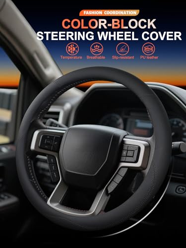Leather Steering Wheel Cover for Ford F150/F250/F350, 15.5-16 Inch Truck Steering Wheel Grip, Breathable & Anti-Slip, Premium Semi Car Accessories (Black) - color: Black