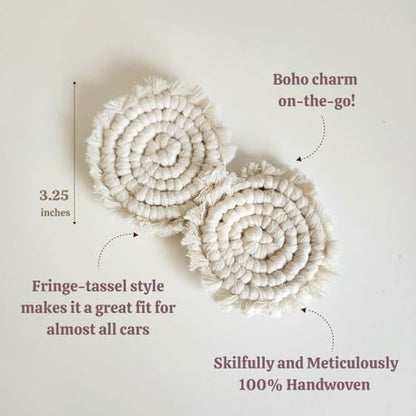 Cotton Car Coasters for Cup Holders, 2PC Car Cup Coasters, Drink Coaster Holder, Cute cupholder Coaster Accessories for Women, Macrame, Boho (Vanilla White) - color: Vanilla White