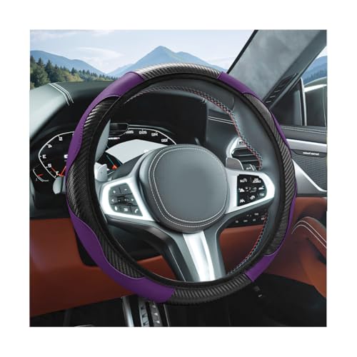 Elastic Car Steering Wheel Cover, Carbon Fiber Leather Automotive Wheel Protector, Anti-Slip Breathable Vehicle Interior Steering Accessories for Men Women, Universal Fit (Black/Purple) - color: Black/Purple