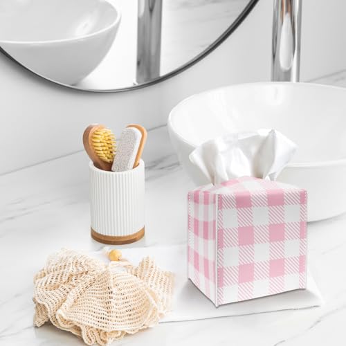 Tissue Box Cover Holder - Pink and White Plaid PU Leather Tissue Box Cover with Bottom Belt, Square Facial Paper Organizer Dispenser for Tabletop, Bathroom, Kitchen, Car & Office -027 - color: Pink and White Plaid