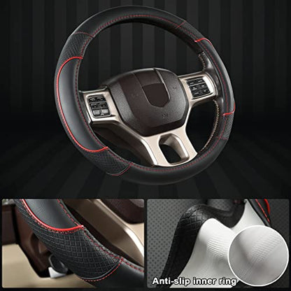 GIANT PANDA Car Steering Wheel Cover for Dodge Ram 1500 2500 3500 15.5-16 inches- Black+Red Trim - color: C-Black+Red Trim