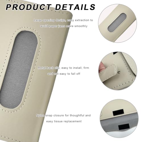 Car Tissue Holder, Vehicle Sun Visor Napkin Box Hanging Paper Towel Dispenser with Tissues Refill, Leather Backseat Paper Towel Case Visor Napkin Storage Holder for Most Cars (Beige)