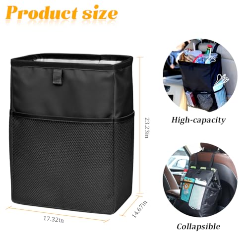 Car Trash Bag, Leak-Proof Large Capacity 3.4 Gallons Hanging Vehicle Trash Bin with Storage Pocket, Multipurpose Portable Auto Garbage Bag for Travel, Universal Fit (Black)