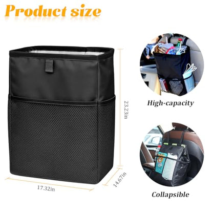 Car Trash Bag, Leak-Proof Large Capacity 3.4 Gallons Hanging Vehicle Trash Bin with Storage Pocket, Multipurpose Portable Auto Garbage Bag for Travel, Universal Fit (Black)