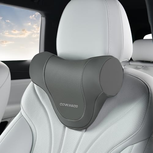 Coverado Car Headrest Pillow, Ergonomic Memory Foam Car Neck Pillow for Driving Seat with Adjustable Strap, Soft PU Leather Breathable Removable Cover Neck Support for Neck Pain Relief - color: Gray, size: Headrest Pillow