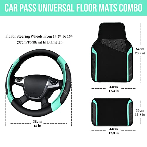CAR PASS Leather Steering Wheel Cover and Waterproof Car Floor Mats,Microfiber Universal Car Combo Fit for 95% Sedan,SUV,Cars,14.5-15inch Sporty Anti-Slip Safety Comfortable Design(Black&Mint) - color: Black＆Mint