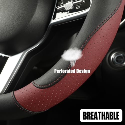 Microfiber Leather Steering Wheel Cover, Breathable, Anti Slip, Universal 15 inch, Black with Burgundy - color: Black Burgundy, size: Round-Middle[14.5''-15'']