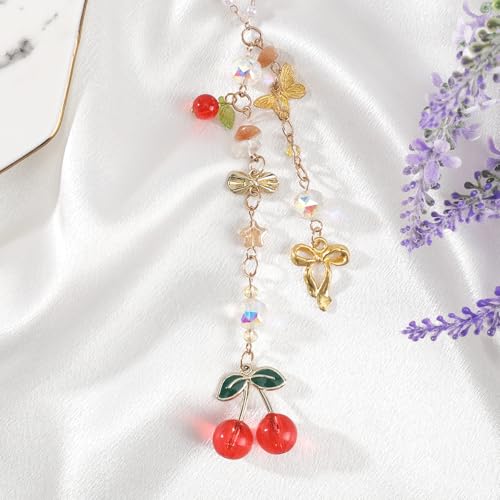 Cherry Bow Rear View Mirror Charm - Gold Crystal Bead Car Suncatcher Pendant, CherrIies Hanging Ornament for Car Accessories, Aesthetic Gift for Women New Driver Friends - style: Cherry Bow