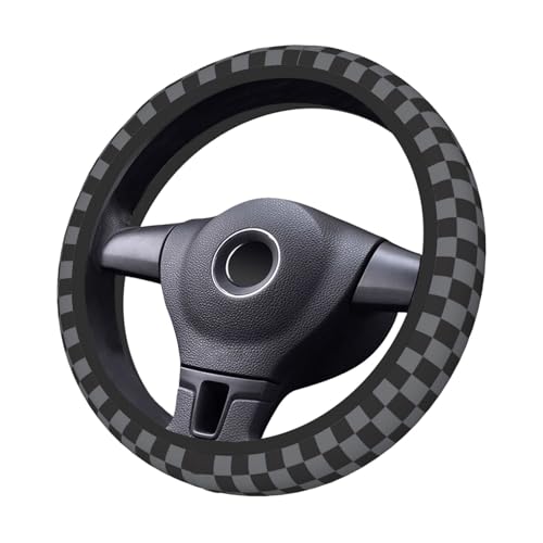 Dark Gray Checkered Steering Wheel Cover for Women, Universal Auto Steering Wheel 14-15 Inch Car Interior Accessories with 2PCS Car Coasters, Suitable for Men and Women