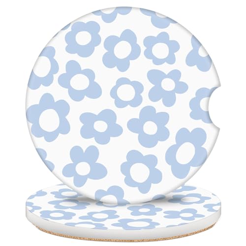 2 Pack Car Coasters for Cup Holders, 2.56" Universal Absorbent Ceramic Stone Car Cup Holder Coasters with Non-Slip Cork Base, Car Interior Accessories for Women Men(Blue Retro Floral) - color: Blue Retro Floral
