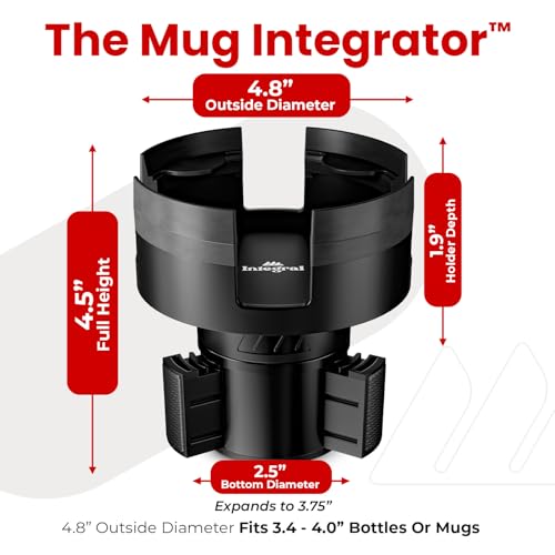 Integral Expandable Mug Holder - YETI 14oz Rambler Cup Holder - Car Cup Holder Expander with Adjustable Base - Rubber Tabs Hold Most Coffee Mugs Ramblers 10oz