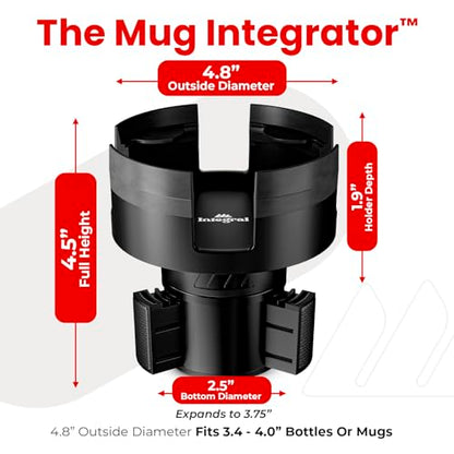 Integral Expandable Mug Holder - YETI 14oz Rambler Cup Holder - Car Cup Holder Expander with Adjustable Base - Rubber Tabs Hold Most Coffee Mugs Ramblers 10oz